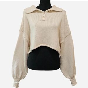 ZARA‎ Women's Size S Cream Long-sleeve Knit Oversized Slouchy Cropped Sweater